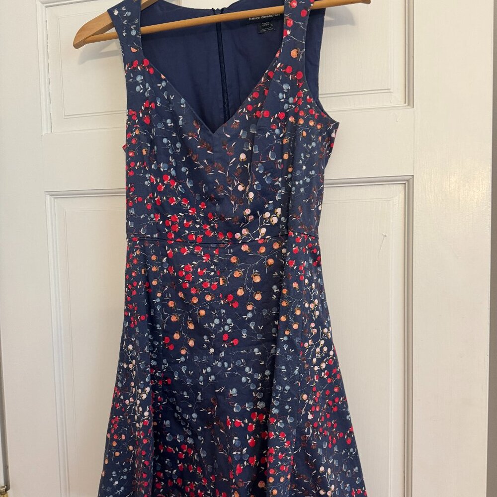 French Connection Frances Berry Blue Red Orange V-Neck A-Line Dress